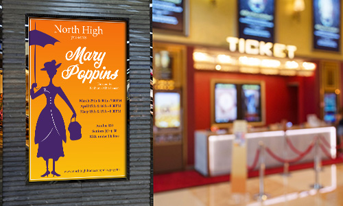 Poster paper material at a cinema advertising the movie Mary Poppins with a purple silhouette of Mary Poppins.